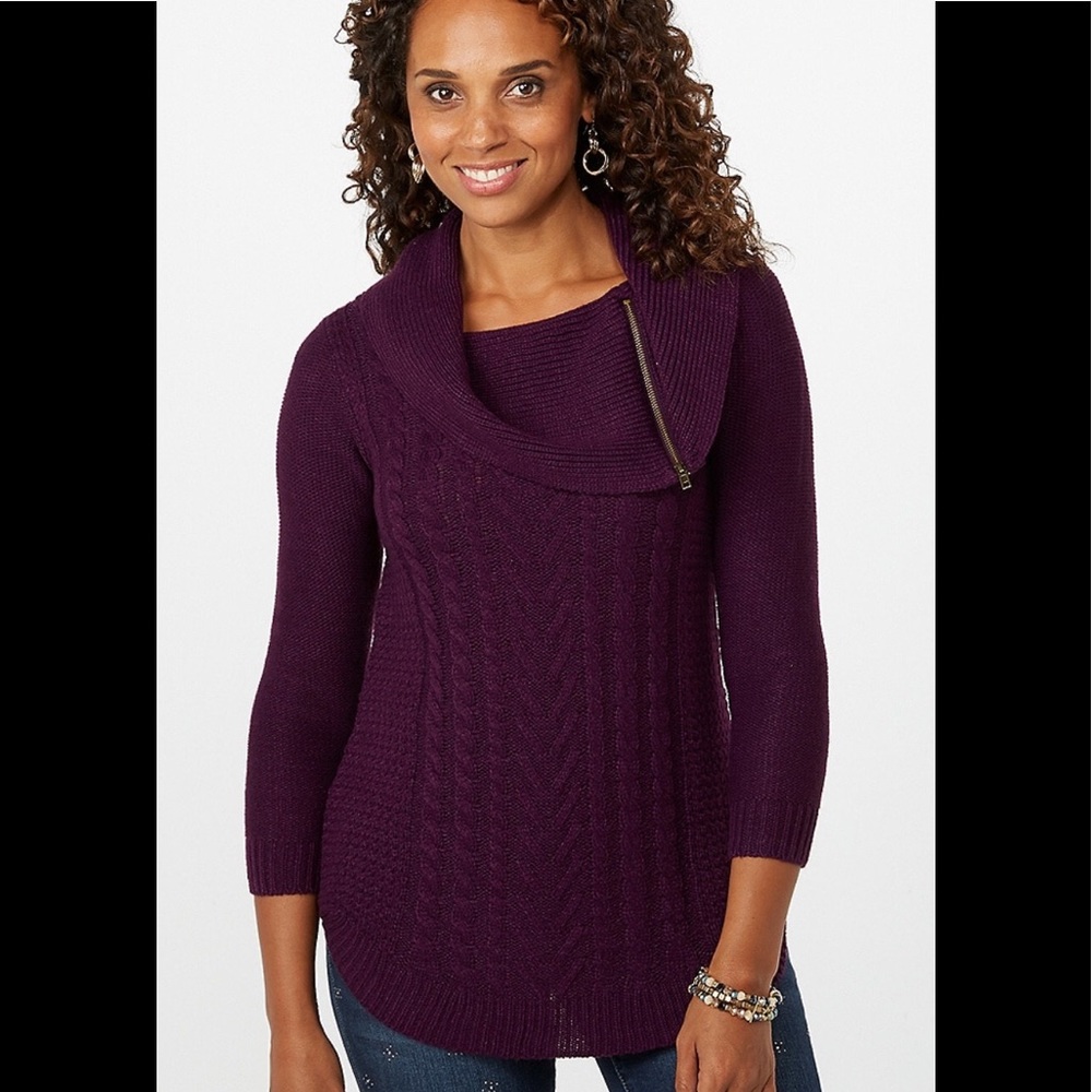New Zip Cowl Neck Cable Knit Tunic - Picture 2 of 6